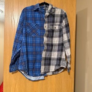 Upcycled Half and Half Blue and Gray Plaid Shirt